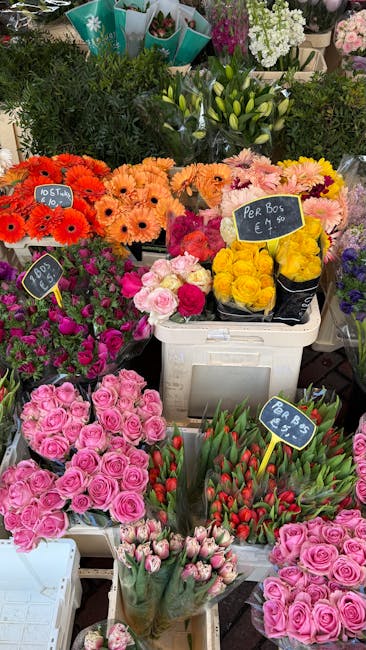 A vibrant display of fresh flowers at a florist shop, featuring various bouquets and arrangements. Prominent are bright pink roses with lush petals, tightly packed in clear wrapping, placed in the for