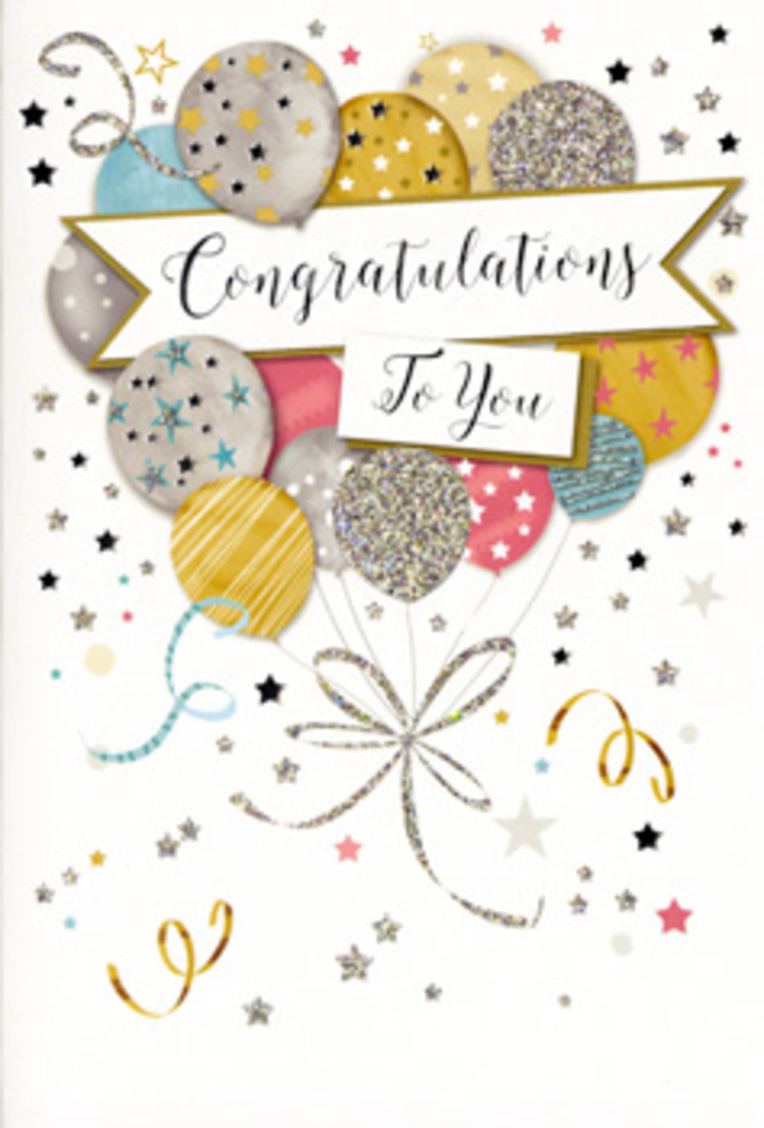 In this image, a refined congratulations card is presented like a keepsake from a well-planned celebration in Marylebone. At the heart of the design is a generous spray of illustrated balloons, artfully layered so that some appear to be floating just in front while others recede gently into the background, creating a sense of depth and movement. The balloons are painted in a harmonious mix of champagne gold, pale silver, soft ivory, sky blue, blush pink, and muted grey. Each one carries its own decorative pattern: delicate scatterings of stars, shimmering stripes, glitter-dusted edges, or tiny metallic flecks, all of which lend a subtle texture to the otherwise smooth card. Slender, curling strings in tones of gold and silver extend down from the balloons, converging into a tidy arrangement at the base that echoes the look of bound bouquet stems tied by an experienced florist near Marylebone station. Surrounding the central cluster, graceful star shapes and swirls of ribbon-like lines dance across a light, neutral background, reminiscent of confetti and streamers caught in the air at a celebration on Marylebone Lane or in a chic local restaurant. Cutting horizontally through the balloons, a soft-edged banner appears to float in front, gently curved and bearing the words Congratulations To You in flowing, classic script. The lettering glows just slightly, as if embossed or printed with glossy ink. The composition is bright but not brash, leaving enough space for the design to feel airy, almost as if the balloons might rise off the page. Overall, the card conveys a mood of warm admiration and elegant festivity, ideal for pairing with a fresh bouquet to honour graduations, promotions, or treasured milestones around Marylebone.