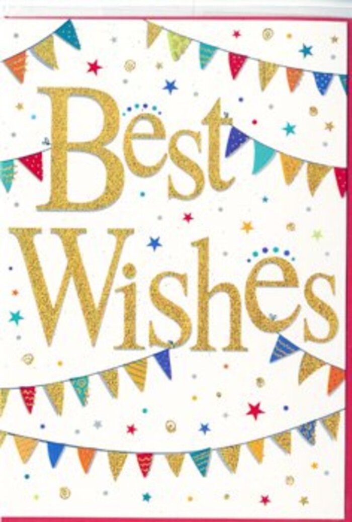 This congratulations card is captured in a way that lets every celebratory detail breathe, very much in keeping with the elegant yet lively character of Marylebone. At its heart, the words Best Wishes sweep across the card in large, looping script, embossed with a rich golden finish that catches the light. The gold appears smooth and slightly textured at once, offering a subtle sparkle like evening sunshine playing on the stone façades along Marylebone High Street. Surrounding this central message, curved lines of bunting stretch from side to side, gently framing the sentiment as though the words themselves are the focus of a small street festival tucked between the terraces near Manchester Square. Each triangular flag in the bunting is brightly coloured-ruby, sapphire, emerald, amber, and aqua-and decorated with joyful designs: neatly placed dots, slender stripes, and complex, tessellated patterns that add a whisper of artistry. Between the arcs of bunting, tiny starbursts and colourful confetti dots are sprinkled over the crisp white background, suggesting the energy of a celebration just reaching its peak. The overall composition balances white space and decoration beautifully, allowing the golden words to stand out while the bunting and stars create a sense of rhythm and motion. This is an ideal card to slip alongside a bouquet being delivered to celebrate a graduation near Regent's Park, a new office opening off Baker Street, or a personal achievement shared with family and friends. It radiates a feeling of optimism, pride, and shared delight-the visual equivalent of raising a glass and offering heartfelt congratulations from the heart of Marylebone.