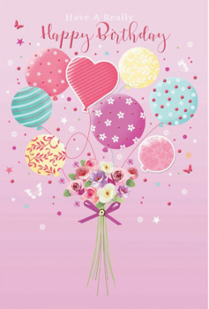 There is a gentle, uplifting spirit in this birthday artwork, as if someone in Marylebone has gathered all the softest colours of a celebration into one floating moment. The scene unfolds on a serene pink background, reminiscent of early morning light reflecting off the stone façades around Manchester Square. A generous cluster of balloons forms the heart of the composition, their rounded forms overlapping as they rise. Each balloon is distinct, decorated with details that suggest hand-drawn care: fine ribbon stripes that curl and loop, scattered polka dots that look ready to dance, and delicate floral or star-like motifs that give a sense of playfulness. The colours range from pale sunshine yellow and creamy peach to rosy fuchsia, mint and sea green, and lilac, all with a soft, lustrous sheen. Below this canopy of colour, a compact hand-tied bouquet anchors the design, its stems gathered neatly together. The flowers resemble petite roses and daisy-style blossoms, their petals shaded from cream at the edges to deeper rose and mauve at the centre, as though brushed by a subtle spotlight. They look freshly cut, as if they have just been arranged in cool water at a nearby Marylebone florist. A shimmering purple bow secures the stems, the satin ribbon adding a note of polished celebration, like the final flourish on a carefully wrapped birthday gift. Dotted through the space are small butterflies and star-shaped accents, giving the impression of a garden party or rooftop gathering paused in mid-laughter. The entire image whispers happiness and affection, evoking the feeling of handing over a birthday bouquet in person, right on a familiar Marylebone doorstep.