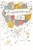 The congratulations card depicted here feels like a moment of celebration paused in time, ready to sit beside a vase of fresh flowers in a Marylebone living room. Centred on the card is a lush grouping of illustrated balloons, gathered into a loose, upward-reaching cluster that suggests gentle motion. The balloons are coloured in a refined palette of warm gold, soft silver, champagne, sky blue, blush pink, and dove grey, each rendered with a delicate sheen that makes them appear softly lit. Fine details bring them to life: some balloons are scattered with tiny metallic stars, others feature slim stripes or confetti-like speckles, and a few have subtle rings of glitter along their edges, hinting at a slightly textured finish. Slender metallic strings, drawn in lines of gold and silver, hang from the base of each balloon, crossing and curling into an elegant tangle that feels reminiscent of tied bouquet ribbons from Marylebone Florist. Around the main cluster, small illustrated stars, dots, and swirling ribbon shapes drift across a pale, uncluttered background, like confetti caught mid-air at a celebration near Regent's Park or Baker Street. A soft, gently arched banner stretches across the centre of the balloons, carrying the phrase Congratulations To You in beautiful, flowing calligraphy that feels both personal and polished. The overall composition is airy and balanced, allowing each element to breathe while maintaining a lively, festive energy. The mood is one of genuine pride and shared joy-perfect for acknowledging exam success, a new role, or any hard-won milestone, especially when sent alongside a thoughtfully arranged bouquet within the Marylebone area.