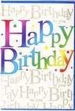 This birthday card front is a rich visual expression of celebration, designed with the same care you might expect from a thoughtfully arranged bouquet delivered across Marylebone. The dominant feature is the phrase Happy Birthday, set in large, rounded letters that run boldly across the centre. Each letter transitions seamlessly through a vivid rainbow of colour-starting with intense reds and pinks, melting into warm orange and glowing yellow, and then cooling into fresh greens, oceanic blues, and soft purples. The gradient is smooth and luxurious, giving the typography a polished, contemporary look, as if carefully painted with layers of translucent ink. The surface appears slightly glossy, hinting that the card would feel smooth and satisfying to hold. Surrounding and behind this bold message, the background is alive with subtle detail: the words Happy Birthday to you are written over and over in fine, metallic gold cursive, forming elegant horizontal lines that shimmer delicately when they catch the light, like reflections along the windows of Marylebone's chic boutiques. Scattered gently around the script, tiny stars and colourful flecks provide a sense of playful movement, recalling the light flicker of confetti at a birthday gathering. Yet the design never feels busy; the pale background keeps everything bright and open, allowing the rainbow lettering to remain the clear focal point. The overall mood is warm, upbeat, and affectionate, making this card a fitting choice for any age or relationship. It is easy to imagine it displayed beside a fresh arrangement of seasonal blooms from Marylebone Florist, turning an ordinary shelf or sideboard into a small, joyful shrine to the person being celebrated.