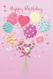 A whimsical birthday scene plays out on a soft pink canvas, as if a little celebration has drifted out of a Marylebone townhouse and into the air. At the centre, a loose cluster of pastel balloons rises, their strings gracefully gathered towards a bouquet below. Each balloon seems to have a personality of its own: some are ringed with candy-coloured stripes, others are sprinkled with playful polka dots, and one stands out with a heart-shaped motif that radiates affection. The colour palette stays delightfully gentle-creamy ivory, blush pink, cool mint and sea-green tones, sunshine yellow, and muted mauve-reminiscent of stylish window displays along Marylebone High Street. Light appears to wash over the balloons, giving them a subtle gloss as though lit by a nearby window on a bright afternoon. Beneath them, a hand-tied bouquet gathers roses and anemone-like blossoms into a rounded, comforting shape. Their petals are airy and layered, shifting from ivory to blush and soft purple, creating a bouquet that looks freshly arranged in a local studio preparing same-day birthday deliveries. A violet satin bow secures the stems, its smooth texture and faint sparkle echoing the refined yet relaxed character of the neighbourhood. Around the design, tiny star shapes, confetti dots, and fluttering butterflies lend a fairy-tale touch, as if birthday wishes were visible in the air. The overall impression is light, sweet, and celebratory, capturing the joy of sending or receiving a thoughtfully chosen birthday card or floral gift in Marylebone-one that feels personal, modern, and full of gentle charm.
