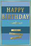 Refined birthday card in soothing shades of blue, accented with gleaming gold, presented as though ready to be given with a bouquet in a Marylebone flat. The design features wide, horizontal blue stripes that move gradually from a deep, comforting navy at the base through medium ocean tones to a pale, almost whisper-soft sky blue at the top. This layered effect gives a sense of depth and stillness, reminiscent of peaceful skies over nearby Regent's Park. Standing prominently at the centre, the words HAPPY BIRTHDAY are rendered in large, embossed gold capital letters, each line crisp and smooth, rising from the surface with a lightly reflective sheen that catches natural light without overwhelming the eye. Just beneath the main greeting, a graceful golden scroll motif adds a touch of classic elegance, like the decorative details you might notice on historic buildings along Marylebone's quiet side streets. Below this flourish, three slim gold banners run horizontally across the card, each one carrying part of a warm invitation: Relax, have a great day and enjoy! The banners glint softly, echoing the central text while standing out against the card's matte blue stripes. A narrow gold border encloses the entire design, giving the impression of a framed artwork. You can easily imagine this card standing beside a fresh, fragrant arrangement from a local Marylebone florist - perhaps delivered the same day to a home near Baker Street or Dorset Square - offering a calm, beautifully designed wish for a truly restful, joy-filled birthday.